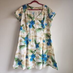 Vintage Handmade Blue Hibiscus Hawaiian Print Toile Dress Plus 2x 3x
